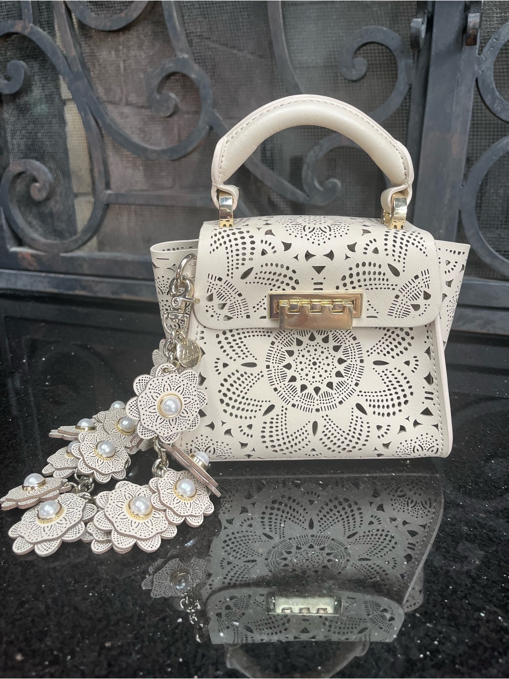 Zac Posen Feminine Mini Top Handle Bag with Floral Charm Strap